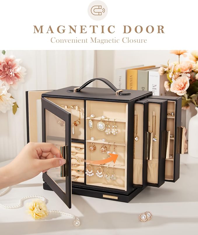Homde Jewelry Box for Women Large: Rotating Organizer for Ring Earring Necklace Bracelet - 7 Drawers Storage for Dresser (Black) - Image 7