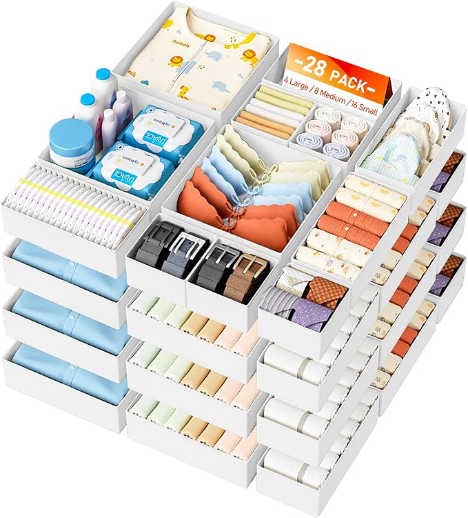 DIMJ Drawer Organizer Clothes 28 Pack - Foldable Baby Organizers and Storage & Closet Organizers for Bedroom, Closet - Nursery Organization Dresser Dividers for underwear, Sock,Bra, Belt, Tie,White by DiMJ