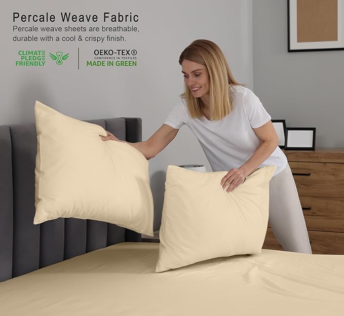 RUVANTI 100% Cotton Sheets – Queen Size Percale Bedding, Cooling & Breathable, Durable with a Crisp, Soft & Comfortable Feel, 16" Deep Pocket, 4-Piece Set, Beige