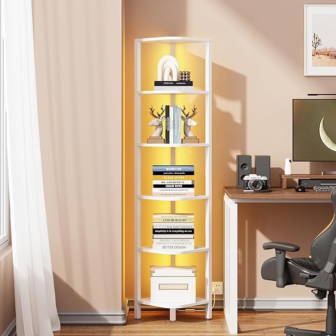 TUTOTAK Corner Shelf with LED Light, 6-Tier Corner Bookshelf for Small Space, Narrow Display Corner Shelf Stand with Storage Rack, for Living Room, Bedroom, White BS08BW006L by ChoosetutotakFurnitureBuildYourCozyHome
