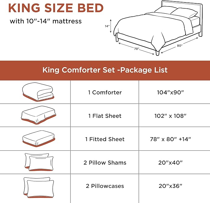 Andency Burnt Orange King Size Comforter Set - 7 Pieces Terracotta Bed in a Bag King Bedding Comforter Sets, Summer Solid Soft Lightweight Comforter with Sheets, Pillowcases & Shams