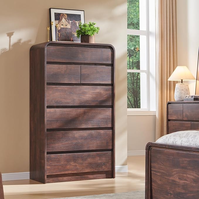 Aitjunz Modern 7 Drawers Dresser for Bedroom, 55" Tall Dressers & Chest of Drawers w/Curved Profile Design, Wood Mid Century Vertical Storage Dressers Organizer for Bedroom, Living Room, Brown