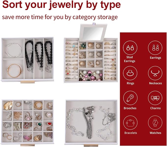 BOOVO Clear Lid Jewelry Box,4 Layers Jewelry Organizer Large Jewelry Storage Box with 3 Drawers,Jewelry Holder Organzier of Rings Earrings Necklace Bracelets for Women (White, 4 Layer) - Image 3