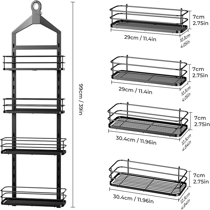 ODesign 4 Tier Height-Adjustable Shower Caddy Hanging Anti-Swing-Over The Shower Head Caddy-Sho wer Storage Organizer Bathroom Shelves Basket Caddies-Black - Image 9