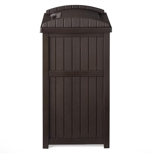 Suncast 5 Pack 33 Gallon Durable Plastic Hideaway Outdoor Garbage Can with Secure Lid & Wicker Design for Home Backyards, Decks, or Patios, Java Brown - Image 7