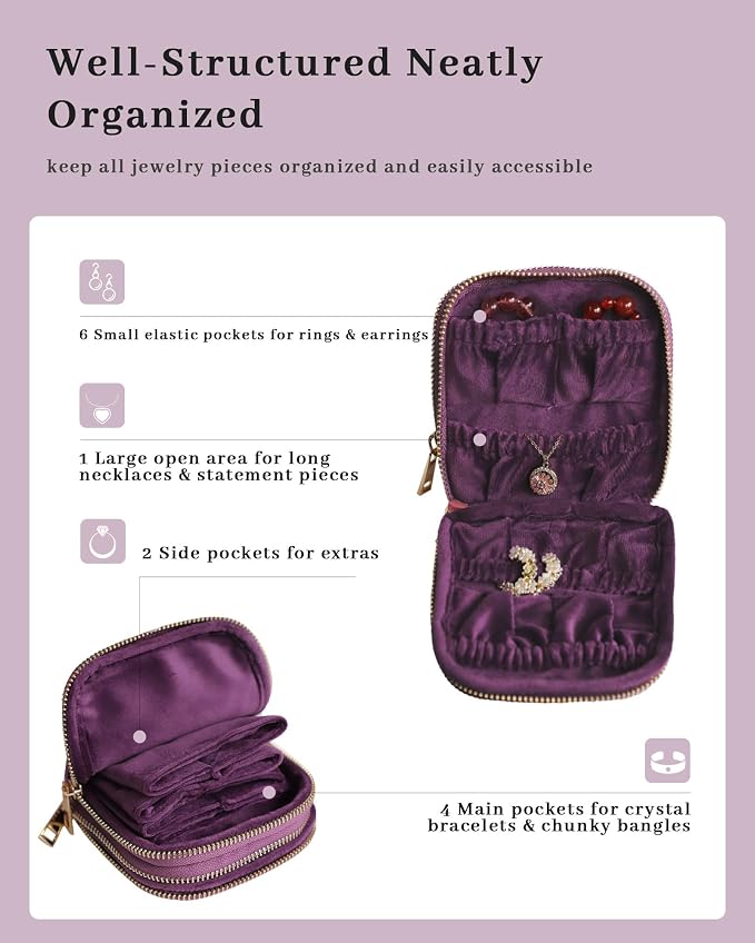Stratalife 2-Layer Travel Jewelry Case Organizer Compact Storage Bag for Rings Earrings Necklace Bracelet Portable Velvet Jewelry Pouch with Zippers Accessories Travel Essentials Gift for Women Purple - Image 2