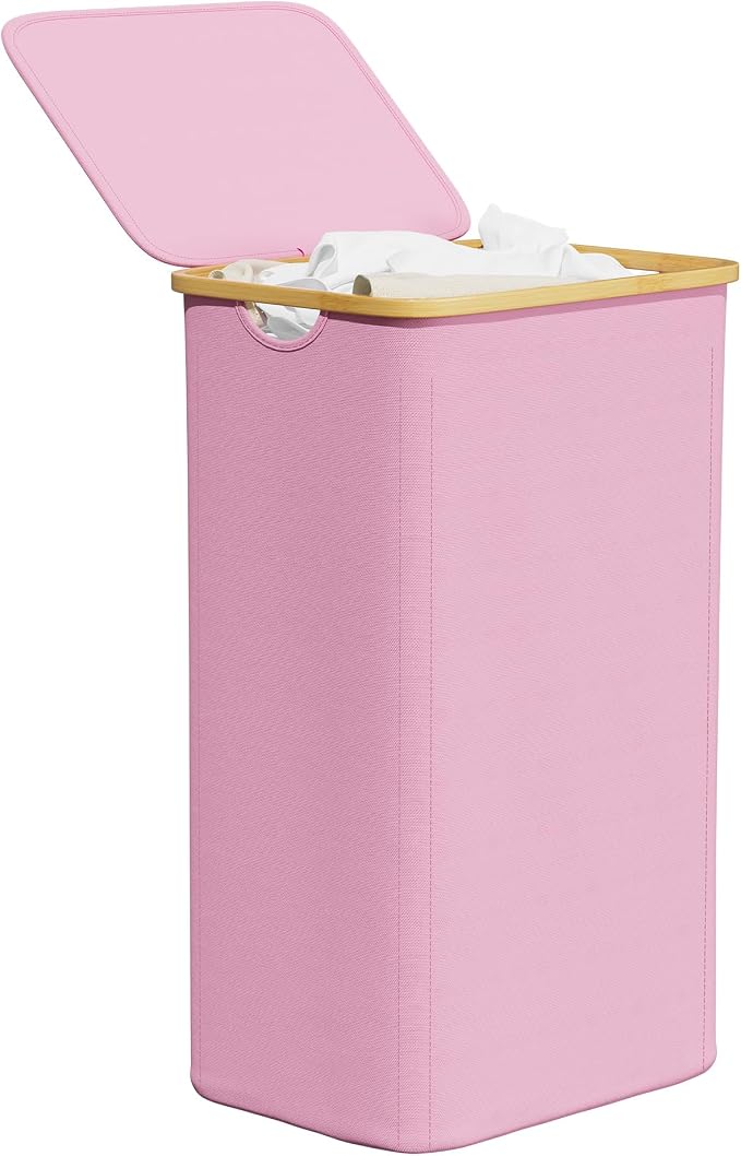 SpaceAid Laundry Hamper with Lid, 110L Large Tall Clothes Basket Bin with Bamboo Handles, Collapsible Laundry Hamper for Bedroom, Bathroom, Dorm, Laundry Room - Pink by SpaceAid