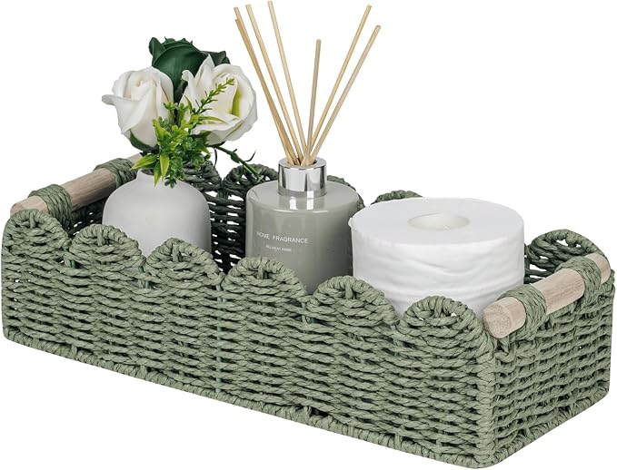 CubesLand Toilet Paper Storage Basket Scalloped Edge Home Decor Green Basket, Living Room Cozy Decor, Paper Rope Small Baskets for Over Toilet Storage Shelf, End Table, Shelves, with 2 Wooden Handles by CubesLand