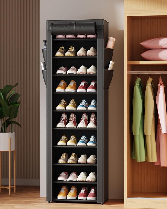 Kitsure Shoe Rack - 10-Tier Large Capacity Shoe Organizer Shelf with Dust Cover & Side Pockets, Rust-Proof Metal Shoe Rack for Closet, Entrance, Living Room, 17.5" x 12.4" x 69.3", Black - Image 8
