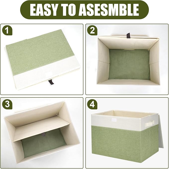 Large 17" 42 Quarts Collapsible Stackable Storage Bins with Lids [3-Pack] Foldable Fabric Linen Storage Boxes Cube, Closet Organizer Baskets with Label for Home (16.7 x 12 x 12", Green & White) - Image 3