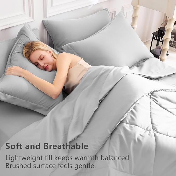 CozyLux Oversized King Comforter Set Light Grey, 7 Pieces Bed in a Bag Comforter Set with Sheets, All Season Bedding Set with Down Alternative Comforter, Sheets, Pillowcases & Shams