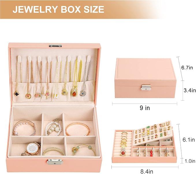 Jewelry Organizer Box, Leather Jewelry Box for Girls Gift Earring Organizer with Lock Double Layers Jewelry Case Removable Tray for Necklace Earring Ring with Polishing Cloth and Jewelry Bags - Image 6