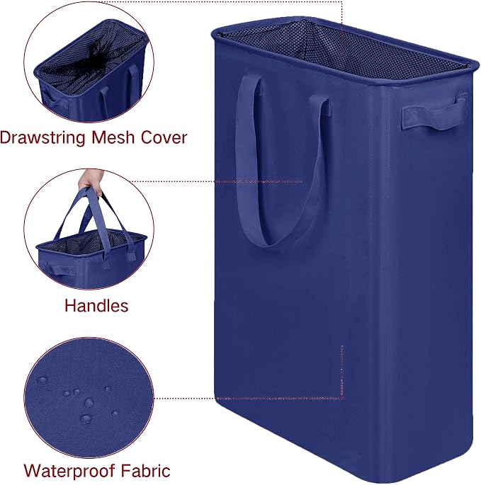 efluky Slim Laundry Basket, Narrow Laundry Hamper with Handles, Collapsible Dirty Clothes Hamper, Tall Laundry Bin for Laundry Room, Dorm and Bedroom, 12.7 Gallons(48L) Blue - Image 3