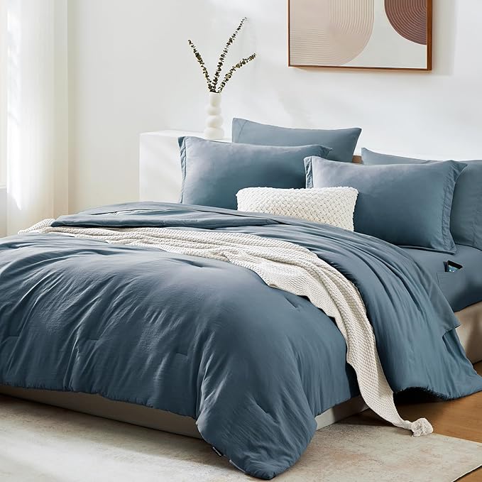WRENSONGE Queen Comforter Set- 7 Pieces Soft Oxford Blue Bed in a Bag with Fitted Sheet, Flat Sheet, 2 Pillow Shams, and 2 Pillowcases- Warm Bedding Sets Queen for All Season