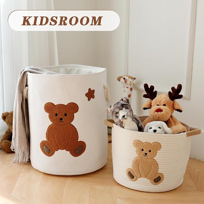 INough Large Laundry Basket Tall Baskets Storage for Dirty Clothes, Toys Storage Bins Baby Hamper 58L Clothes Hamper Blanket Basket Baby Toys Organizer for Nursery Bedroom Living Room Decor, Bear - Image 8