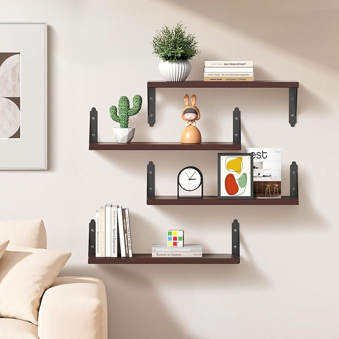 ROMGUAR CRAFT Wood Floating Shelves Set of 4, Rustic Storage Decor Wall Shelves, Wall Mounted Shelf for Living Room, Bedroom 17" x 6", Brown - Image 2