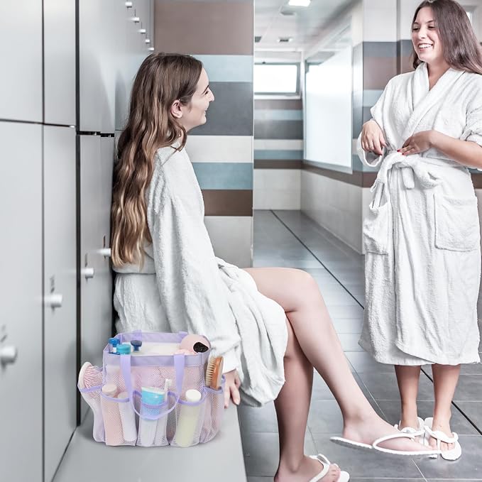F-color Mesh Shower Caddy Portable, Upgrade Deeper 7 Pockets Shower Bag Basket Tote for College Dorm Room Toiletry Bathroom Essentials Gym Camp Quick Dry 2 handles with S Hook, Purple - Image 6