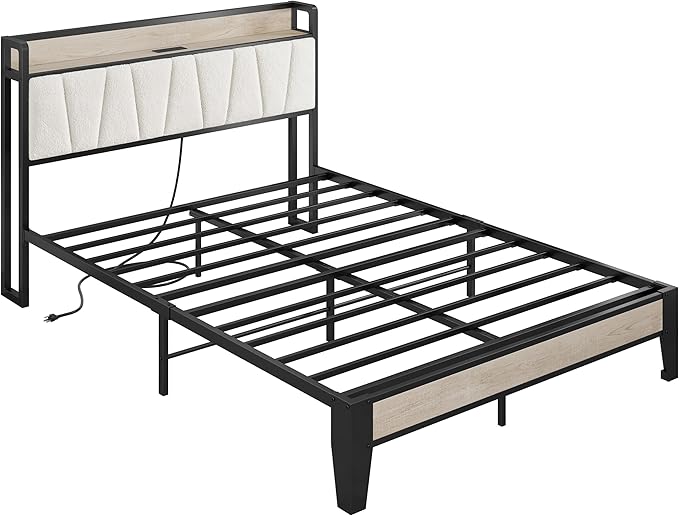 LIKIMIO Full Bed Frames, Bouclé Storage Headboard with Charging Station, Solid and Stable, Noise Free, No Box Spring Needed, Easy Assembly