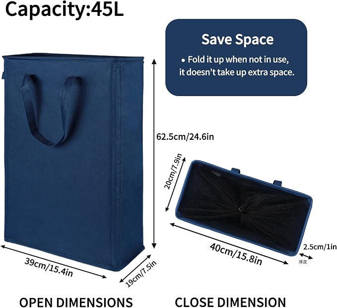 Odonata Slim Laundry Hamper Handles Collapsible Laundry Basket Thin Dirty Clothes Basket Narrow Laundry Bag Foldable Dirty Hamper 45L (Navy blue) - Image 2