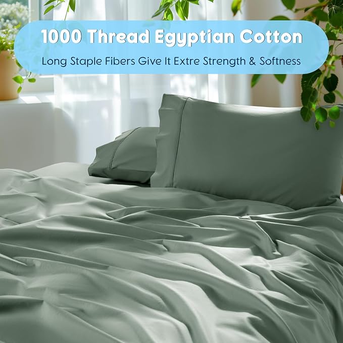 SONORO KATE 100% Egyptian Cotton Sheets Set - 1000 High Thread Count, Luxury 5-Star Hotel Sateen Bed Sheets, Soft, Breathable Long Staple Sheets, Fit up to 16" - 4 PC (Sea Glass,King)