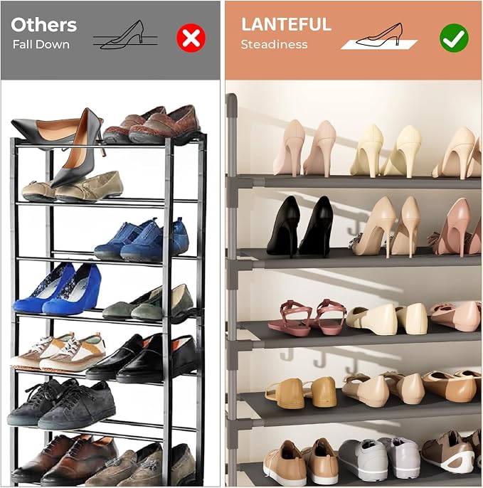 LANTEFUL Tall Shoe Rack 10 Tier Shoe Organizer Large Shoe Shelf with 18 Hooks Storage for 50 Pair Sneaker and Boot, Stackable Vertical Shoe Rack Organizer for Closet, Entryway, Bedroom, Grey - Image 6