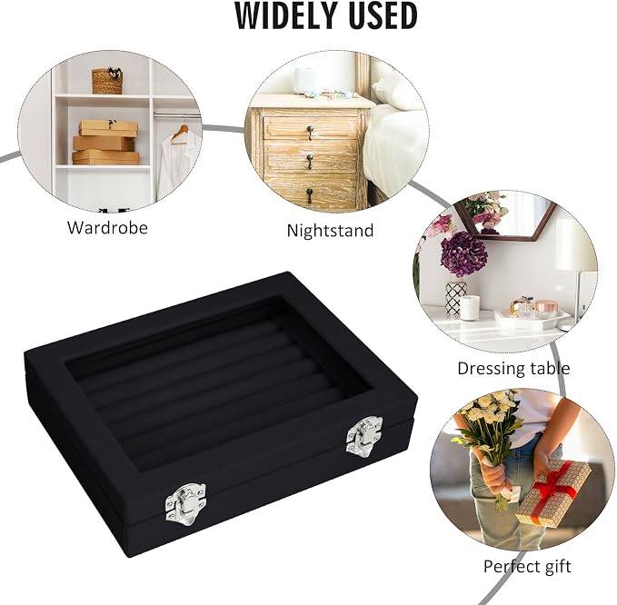 Vicoter Rings Organizer Tray 7 Slots Velvet Jewelry Earring Storage Box with Transparent lid Jewelry Display Case for Girls Wife Mom Women (Black) - Image 6
