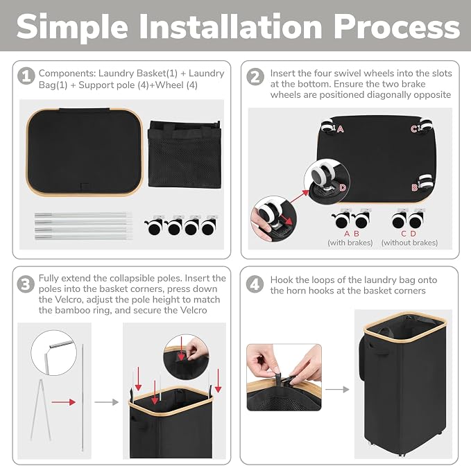 Goodpick Laundry Basket with Wheels, 100L Rolling Laundry Hamper with Lid Clothes Hampers with Removable Wash Bag Large Clothes Basket for Bedroom, Bathroom, Black - Image 6