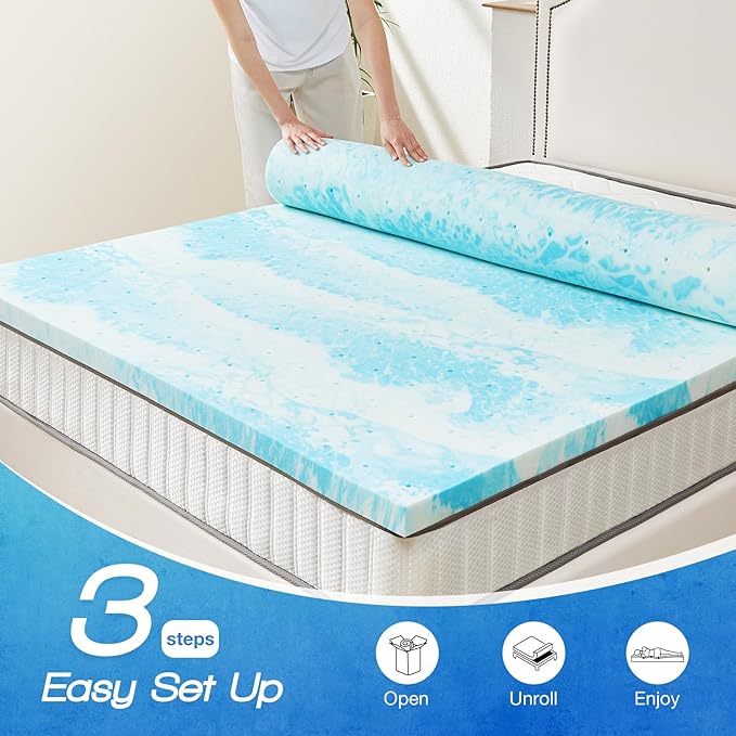 Sweetcrispy Memory Foam Mattress Topper King, 3 Inch Thick Gel Infused Cooling Toppers Pad for King Size Bed, Sleeper Sofa, RV, Camper, CertiPUR US Certified, Ventilated and Breathable