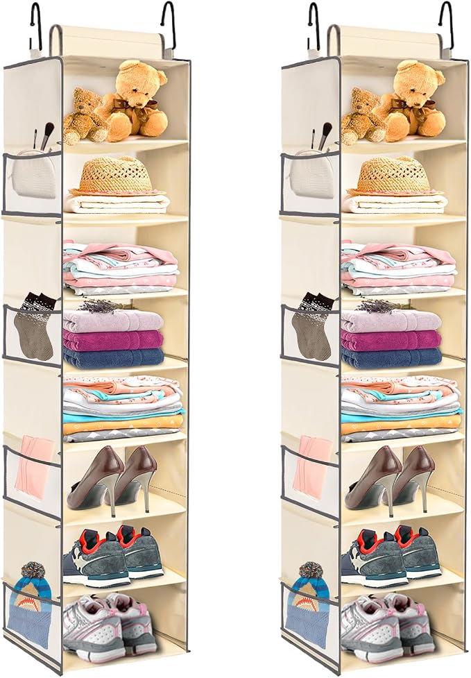 2 Pack Large-Sized Hanging Shoe Organizer 8-Shelf, Hanging Closet Organizer with 8 Side Pockets, Wider Hanging Shelves for Storage Shoes Clothes 9" W × 11.8" D× 48" H, Beige. by ROOMTALK