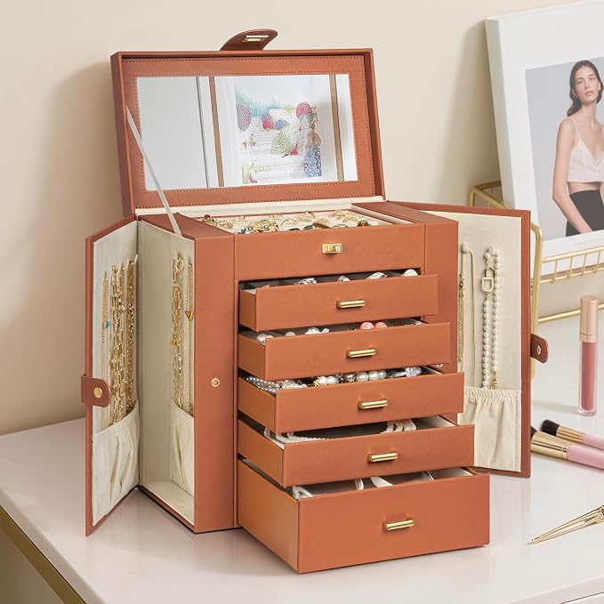 AKOZLIN Huge Jewelry Box Organizer Functional Large Leather Jewelry Storage Case for Women Girls Ring Necklace Earring Bracelet Holder Organizer with Mirror - Image 7