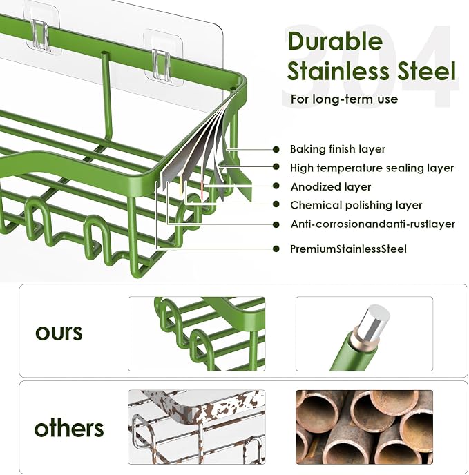 NESOMI Shower Caddy Adhesive Shower Organizer 7-Pack, Rustproof Stainless Steel Bathroom Shelves, Large Capacity No-Drill Rack Storage Accessories with Soap Dish Toothbrush Holder Hooks - Image 3