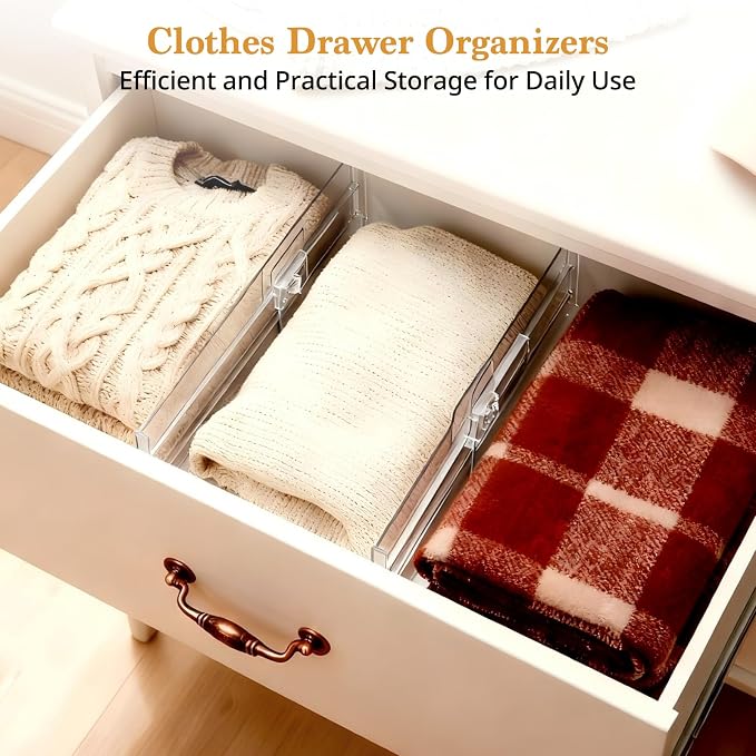 8 Pack Clear Drawer Dividers for Clothes, 4" High 10.6"–16.9" Adjustable Expandable Dresser Drawer Organizer, Dresser Separators for Baby Clothing, Underwear, Sock, Cosmetic, Kitchen, Office Storage - Image 3