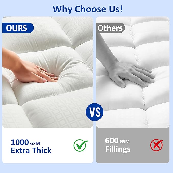 California King Mattress Topper for Back Pain, Extra Thick Pillow Top Mattress Pad with 1000GSM Down Alternative Filler, Cooling Breathable Plush Bed Topper Protector Cover, Deep Pocket