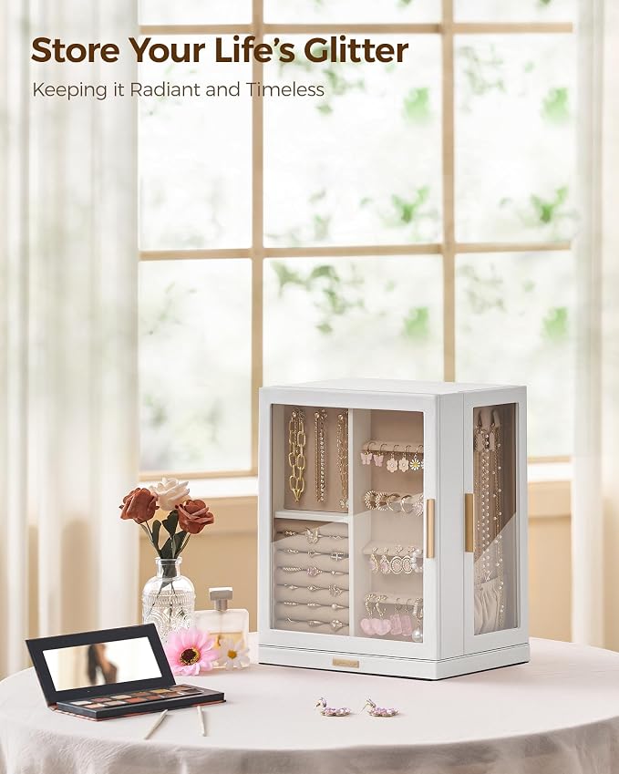 Glimmloop 360° Rotating Jewelry Box with 5 Drawers, Spacious Vertical Jewelry Organizer with Glass Window, Jewelry Storage Case, Dustproof & Moisture-resistant Design, White - Image 2