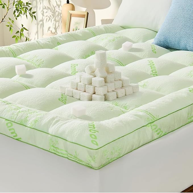 Memory Foam Mattress Topper - Viscose Made from Bamboo Pillow Top Thick Queen Size Mattress Pad for Back Pain, Ultra Soft & Cooling for Hot Sleepers, 6-18'' Deep Pocket, Green