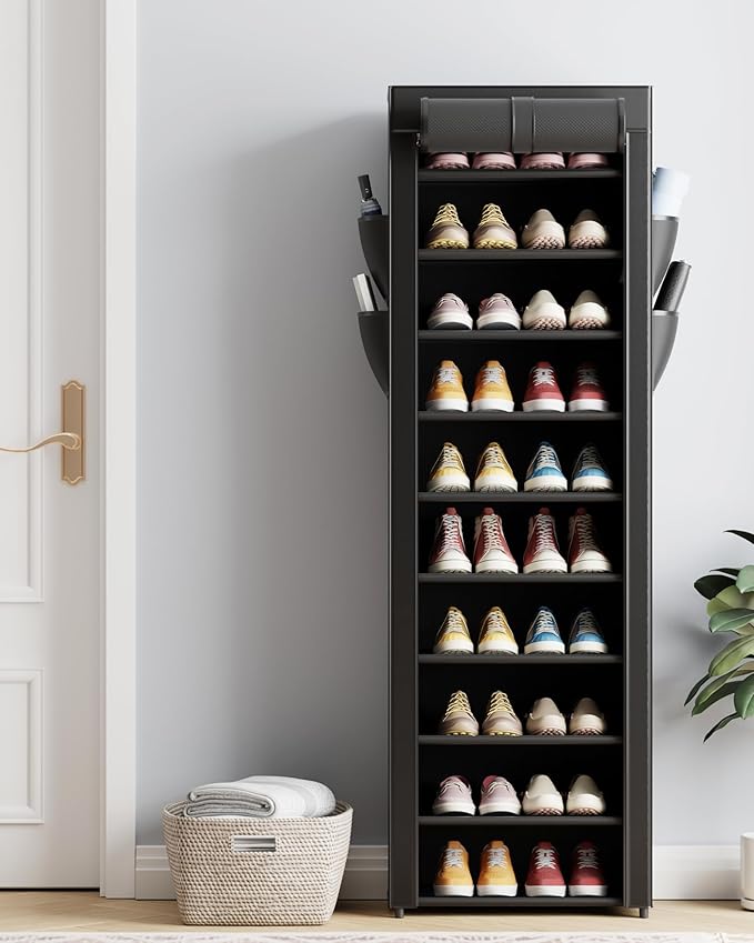 Kitsure Shoe Rack - 10-Tier Large Capacity Shoe Organizer Shelf with Dust Cover & Side Pockets, Rust-Proof Metal Shoe Rack for Closet, Entrance, Living Room, 17.5" x 12.4" x 69.3", Black - Image 2