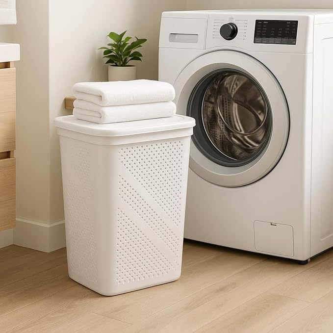 Slim Laundry Hamper with Lid, 60L Clothes Basket, Plastic laundry basket,for Home Storage Clothes Organizer, Laundry Room, College Dorm White - Image 7