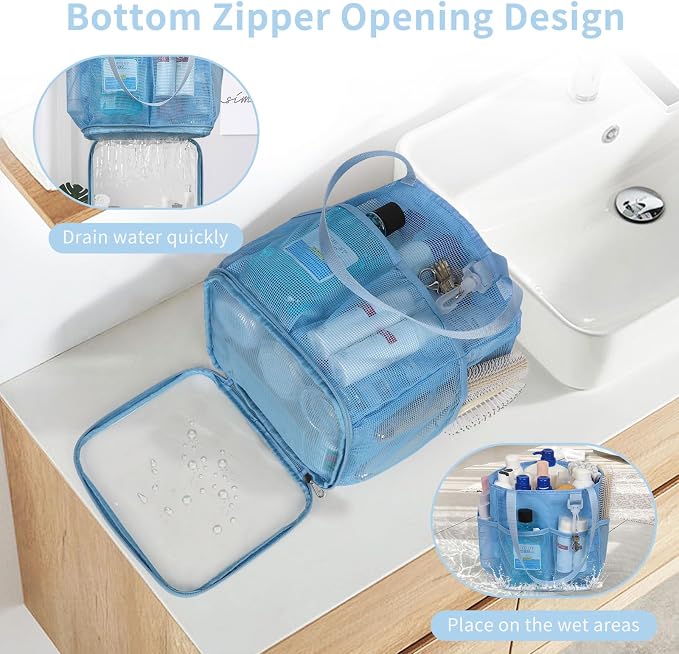 Mesh Shower Caddy Portable for College Dorm Room Essentials, Shower Tote Bag with Hanging Hook and Drawstring, Quick Dry Toiletry Bag with 6 Pockets for Bathroom, Swimming, Gym, Camping, Beach, Travel - Image 3