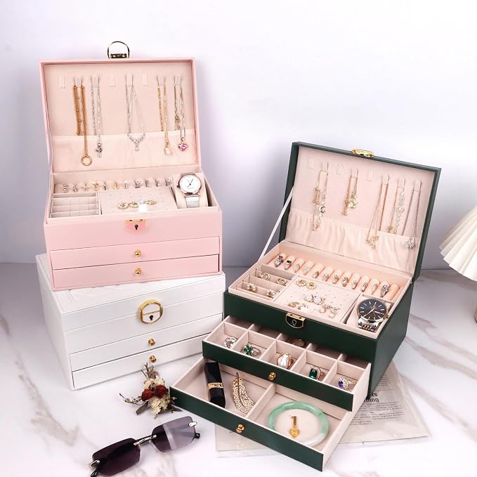 Jewelry Organizer Box for Women, Large Jewelry Organizer with Lock, 3 Tier Storage Box with Velvet Lining, 2 Drawers, Necklace Hooks, Ring Rolls - Image 7