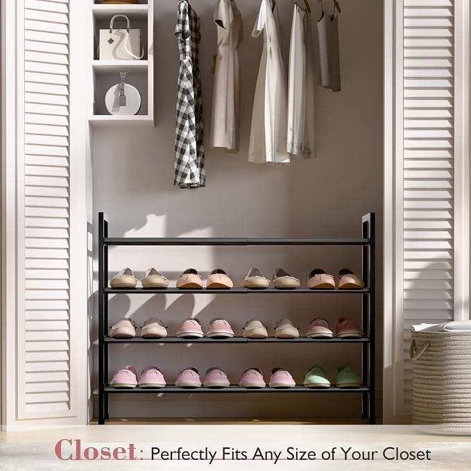 Bumusty 4-Tier Expandable Shoe Rack for Closet, 18“-33” Adjustable Shoe Rack for Small Space, Small Shoe Organizer for Front Door, Sturdy Metal, Black - Image 2