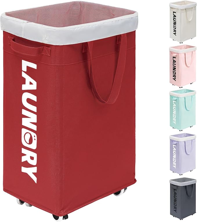 Goodpick Laundry Basket with Wheels,75L Large Roolling Laundry Basket with Removable Wash Bag, Clothes Hamper with Wheels for Laundry Room, Red by Goodpick