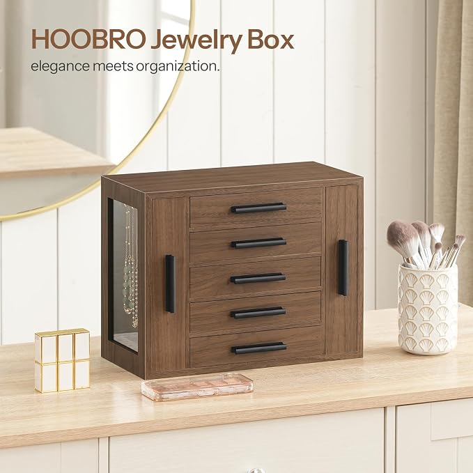 HOOBRO 5-Tier Jewelry Box, Wooden Jewelry Organizer with Transparent Windows, Jewelry Storage Box with 2 Vertical Drawers, for Earring, Necklace, Bracelet, Ring, Watch, Walnut and Black BH19JB04 - Image 2