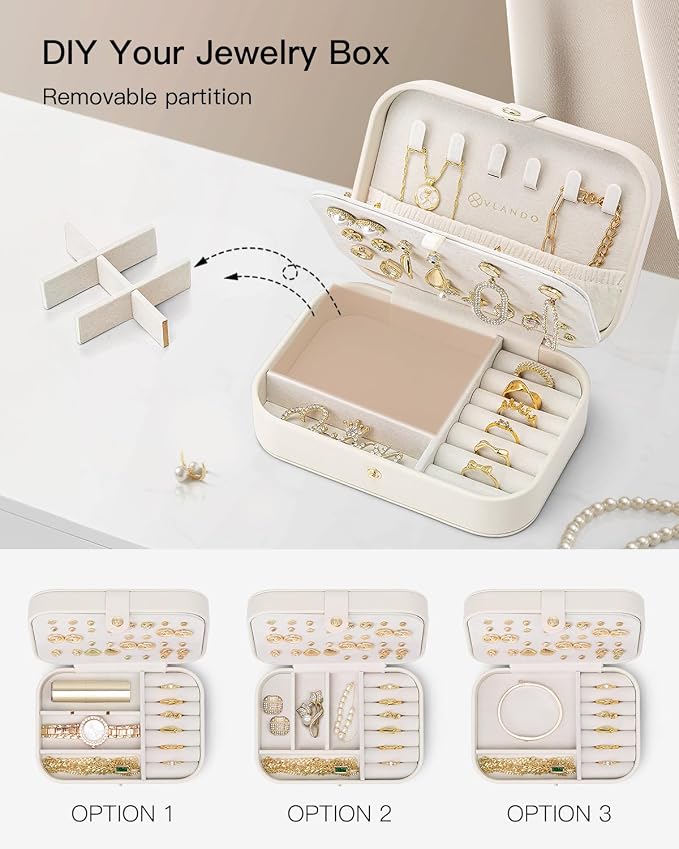 VLANDO Travel Jewelry Case for Women Girls, Gifts for Mother, PU Leather Small Jewelry Box for Rings, Necklaces, Bracelets, Earring Holder Organizer Storage for Travel Essentials - Beige - Image 4
