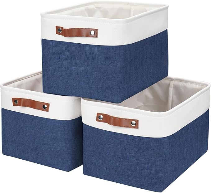 Bagnizer Storage Bins Large Fabric Storage Baskets for Shelves 3 Pack, Decorative Linen Closet Baskets with Handles for Organizing, Shelf, Clothes, Home, Office, 15x11x9.5Inches (NavyBlue&White) by Bagnizer