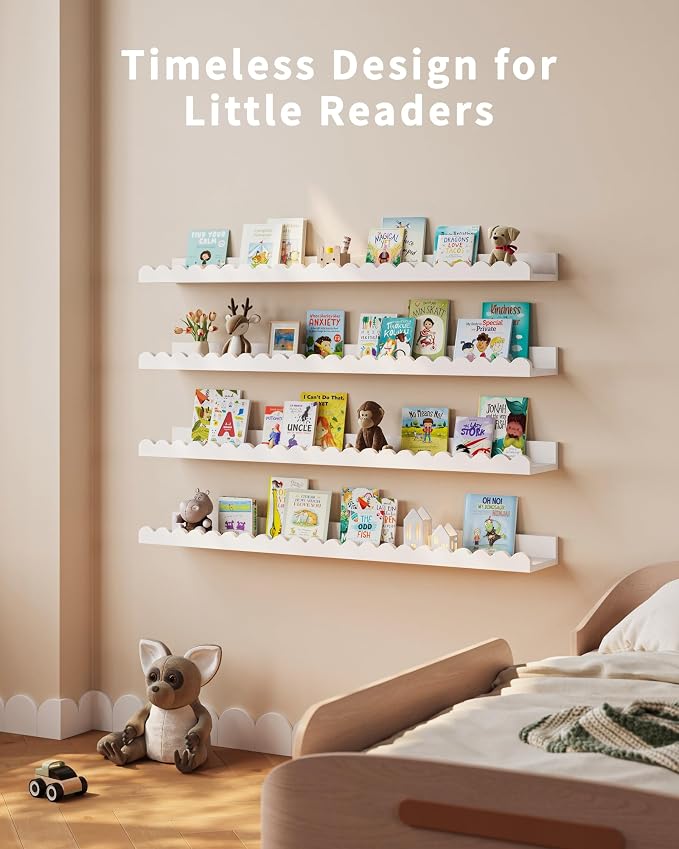 Shario Nursery Book Shelves, 4-Pack White Floating Shelves for Wall Kids, Scalloped Shelves, Wall Book Shelves for Bedroom Kids, Toddler Room, Baby Room, Nursery Decor (White, 36 Inches) - Image 5
