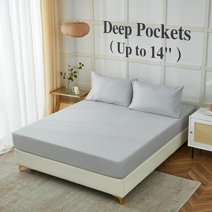 ILAVANDE King Size Sheets Set, 4 Piece Hotel Luxury Super Soft 1800 Series Microfiber Grey Bed Sheets King Set-Wrinkle Free & Breathable-14 Deep Pocket Sheets for King Size Bed(King,Light Grey)