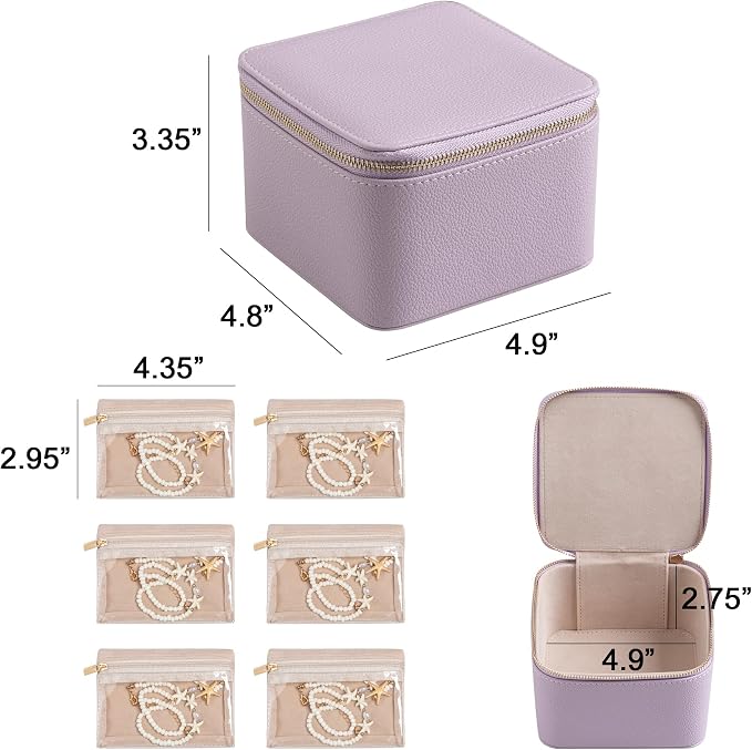 Frebeauty Small Travel Jewelry Box,Travel Jewelry Case with 6 Pouch Bags,Portable Travel Jewelry Organizer,Mini Jewelry Storage,3.35 x 4.9 x 4.8 Inches,Gift Idea for Women Girls (Purple) - Image 3