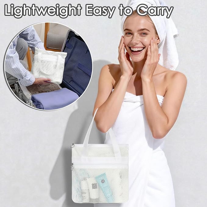 GYEUKHAM Mesh Shower Caddy Portable Shower Bag for Travel,Gym,Camping – Quick-Dry Hanging Toiletry Organizer with Zipper Pockets for Bathroom Essentials,White - Image 5