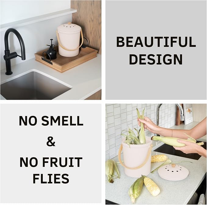 Beautiful Kitchen Compost Bin with Smell Proof Lid - Rust Proof and Odorless Compost Bucket for Your Countertop with No Smell Filters - Easy to Clean 1.1 Gallon Bin Looks Great On Any Kitchen Counter - Image 3