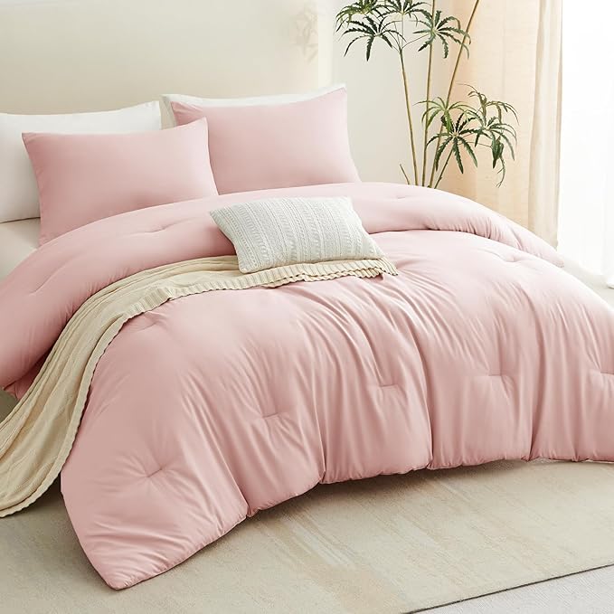 CozyLux California King Comforter Set Blush Pink, 3 Pieces Cal King Solid Breathable Quilted Bedding Sets All Seasons, Luxury Soft Lightweight Bed Set with Down Alternative Comforter and 2 Pillowcases
